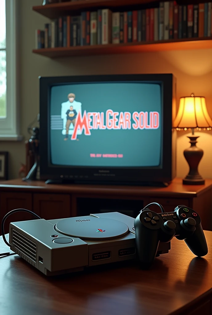 Create a nostalgic and detailed scene of a 90s living room. En el centro de la imagen, put a classic PlayStation 1 console connected to a CRT television. na tela da TV, display the iconic Metal Gear Solid title screen, showing the famous game logo or image of Solid Snake. Next to the console, coloque um controle DualShock original do PS1.

The room should have typical period decor., with a shelf in the background containing game boxes in an organized arrangement and a Solid Snake action figure to complement the theme. Lighting should be soft and warm, creating a retro and welcoming atmosphere reminiscent of the 90s