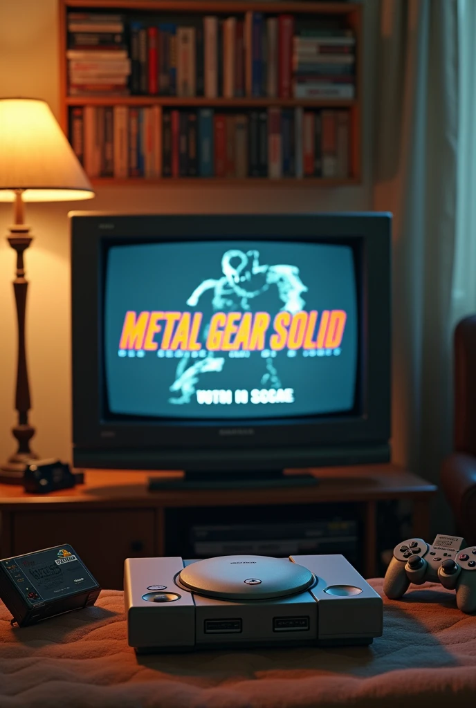 Create a nostalgic and detailed scene of a 90s living room. En el centro de la imagen, put a classic PlayStation 1 console connected to a CRT television. na tela da TV, display the iconic Metal Gear Solid title screen, showing the famous game logo or image of Solid Snake. Next to the console, coloque um controle DualShock original do PS1.

The room should have typical period decor., with a shelf in the background containing game boxes in an organized arrangement and a Solid Snake action figure to complement the theme. Lighting should be soft and warm, creating a retro and welcoming atmosphere reminiscent of the 90s