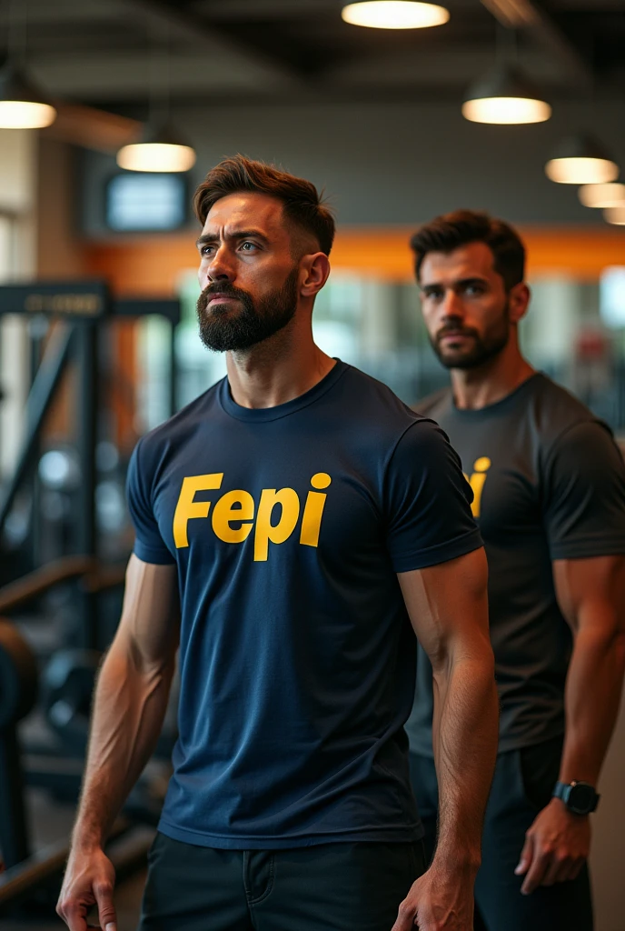 Make a blind man thin by training in a gym. Have a coach by his side helping him. Put on a navy blue t-shirt with FEPI written in yellow.