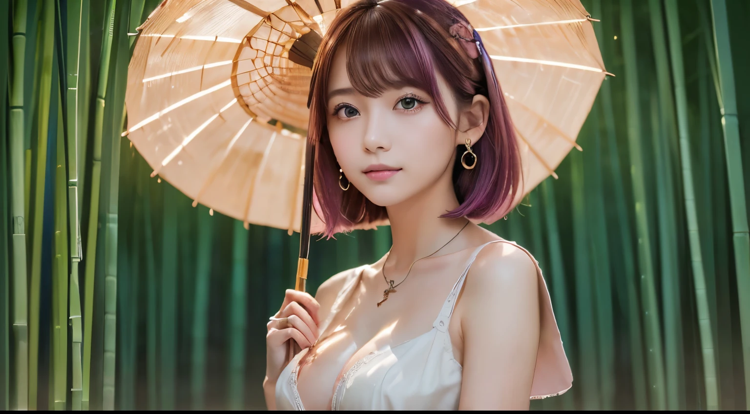 (ultra quality,ultra highres,ultra detailed,beautiful,8k:1.3,RAW photo)(masterpiece:1.3)(super detailed skin:1.2,beautiful eyes:1.2,beautiful face:1.3)(cinematic lighting:1.1) ((Two-tone brown and purpleand pink hair:1.3,Shorthair:1.3)(choppy hair:1.3),V cut with layers and bangs, Brown eyes, Soft atmosphere characteristics, One Girl, （17 year old high school girl:1.2）, Sharp focus:1.2、Beautiful woman:1.4,cute, , Normal chest, Cross Necklace、Earrings、ring,(Cleavage)、Dynamic ink painting of a Japanese bamboo forest, Great art, Amazing depth, Ground level shot, The most beautiful bamboo forest in the world, Bamboo leaves shining in rainwater, moon\(pale\) In light cloudy weather, Beautiful woman\(Aristocrats of Ancient Japan, Beautiful kimono, Beautiful long black hair\) looking up at the moon holding an umbrella,Light rain, Fireflies flying around, Bamboo leaves are arranged three-dimensionally in the foreground., Long Range Shots,Limited color