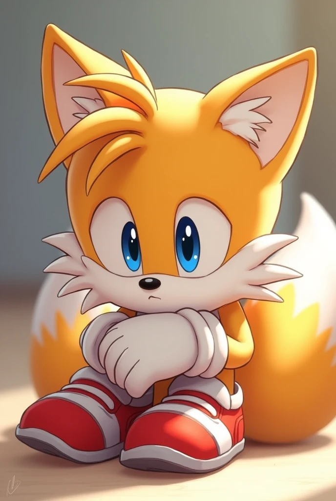 Tails hugging own legs looking at the viewer with his shoes and gloves on