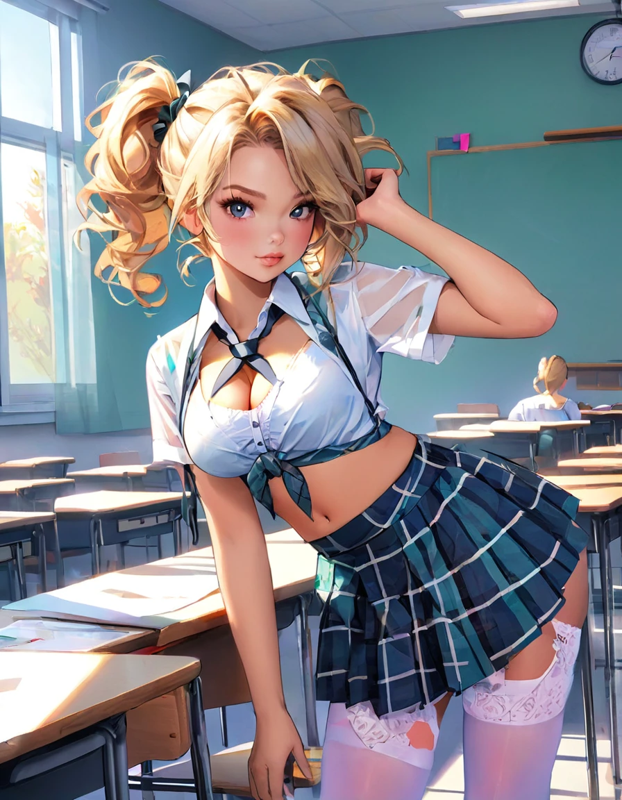 a beautiful 20 year old blonde woman with big messy hair, side ponytail, in a short plaid skirt, white stockings, transparent white dress shirt tied up in a knot, cleavage, navel, classroom setting, rossdraws cartoon vibrant, cute detailed digital art, colorfull digital fantasy art, digital fantasy art ), glossy digital painting, rossdraws pastel vibrant, rossdraws 2. 5, rossdraws 1. 0