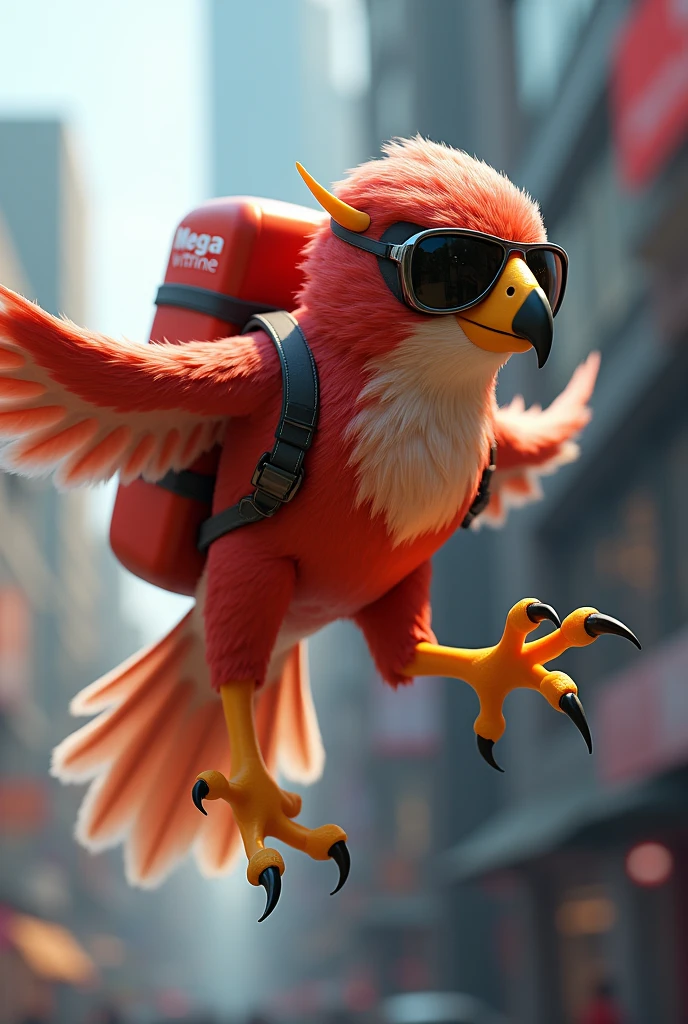Flash, the Delivery Falcon: A fast and agile hawk that symbolizes the speed of delivery and the efficiency of Mega Vitrine's service. He can be depicted with aviator sunglasses and a delivery backpack..
