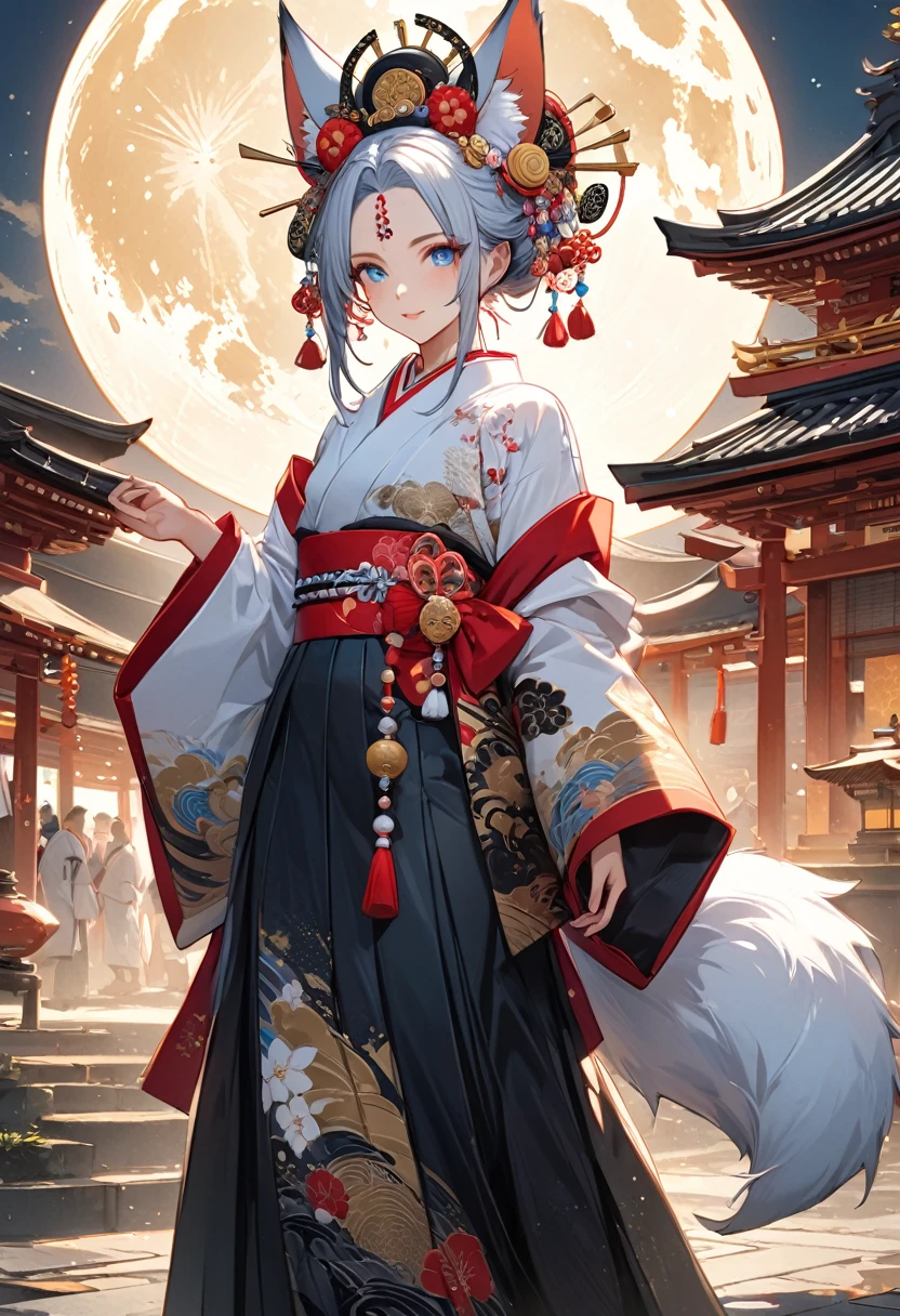 Ink painting, (((1 girl))), (((Tattoo in the middle of the forehead))),(((In the background is the Akatsuki moon))), (((Oiran))), (((Great hair accessories))), Demon possession, ((Masterpiece:1.2)), ((Highest quality)), Extremely detailed and delicate illustration style, Detailed leather texture, Detailed canvas texture, Very detailed description, (Masterpiece T), Extremely beautiful illustration, Highly detailed face, Raw image, professional, Ultra-high resolution panel, Complex details, Superior detail, Intricate decoration details, Perfect anatomy, real, (Very beautiful and cute black and white colored fox woman or girl with blue eyes wearing kimono), ((Beautiful black and white colored fox ears)), (Beautiful black and white colored fox tail), (Beautiful shiny black and white colored hair), (Beautiful and clear blue eyes), (Beautiful detailed eyes:1.6), (Traditional black and white detailed costume), Front view, White flower kimono, Black white colorful hakama long skirt, A maxi skirt, Modestly dressed, He smiles, ((Standing and looking at me)), ((The day)), (Extremely detailed and beautiful Japanese temple construction), (8K Highest quality wallpaper), (Extremely detailed and delicate background)