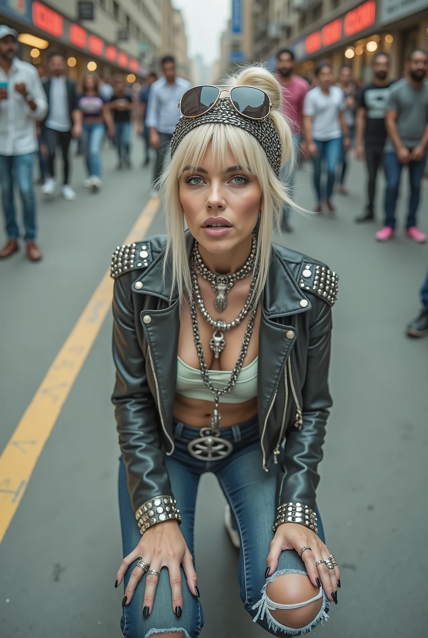 russian old milf woman, blonde platinum hair (beehive bun) and oversized square sunglasses as headband), with very light green eyes, extremely pale. Wearing studded cropped black moto jacket (zippers on the sides, skull patches on the sleeves), green shiny satin push up bra, dark skinny low rise blue jeans with patched holes on knees .White tennis sneakkers. Lots of thick wide studded bracelets, chain collars and big rings. Tacky wide studded leather belt with big eagle oval buckle. Long earrings with chains. Kneeling, craving for the ice cream of the photographer. Hands on knees. Looking at the camera, Toned abdominals, thin neck, slim legs and thin arms. Narrow hips. Heavily tattooed. Crowded street of Saudi Arabia