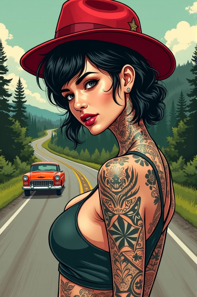 Illustrate a woman with many tattoos and a red hat, She is picked up by a car on the road