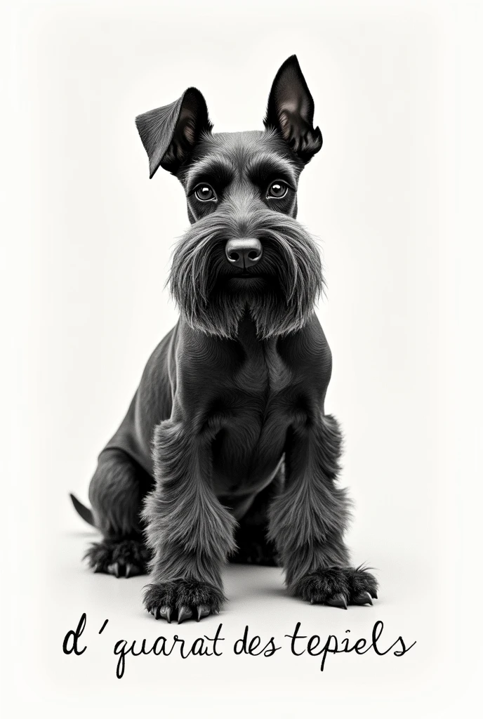 "Generate an eye-catching logo for a Miniature Schnauzer breeder breeder Black Variety , miniature size, that he has a lot of beard that the design of his ears is elegant . The dog must be elegant, black color , strong head and CROPPED ears. The name of the kennel is D' Quadrat Des Teufels which means devil's box and should be written prominently in an elegant font.. If the drawing can be done in pencil, all the better.