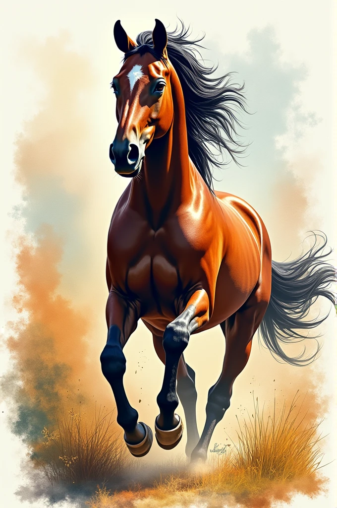 Create a running horse, as realistic as possible, behind watercolor stains