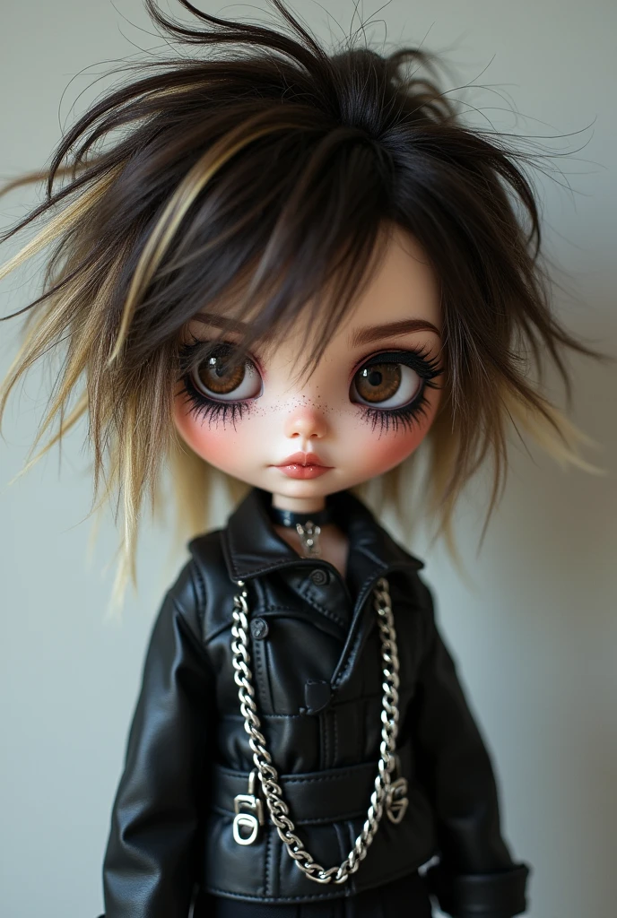 Make me a blythe doll, with messy hair with the root in the middle, in layers, Dark brown with blonde highlights in front, Very dark brown eyes with black eyeshadow and eyeliner, silver chains and alternative
