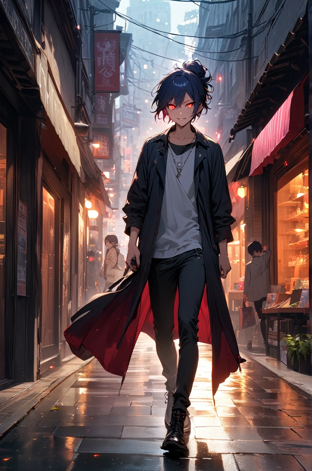 {{top-quality,masterpiece,8k wallpaper}},Ultra-detailed CG Unity,Particle,Cinematographic lighting,((1 teenager)),a handsome,a 20-year-old boy,slender,Looking at the camera,Looming,evil smile,Vicious face,close up of face,sharp gaze,((Glowing eyes,red eyes,pupils are small)),Dark blue hair,short-haired,hair messy,put your hair up,Vampire,double tooth,((shopping male)),full body,walking,tienda,