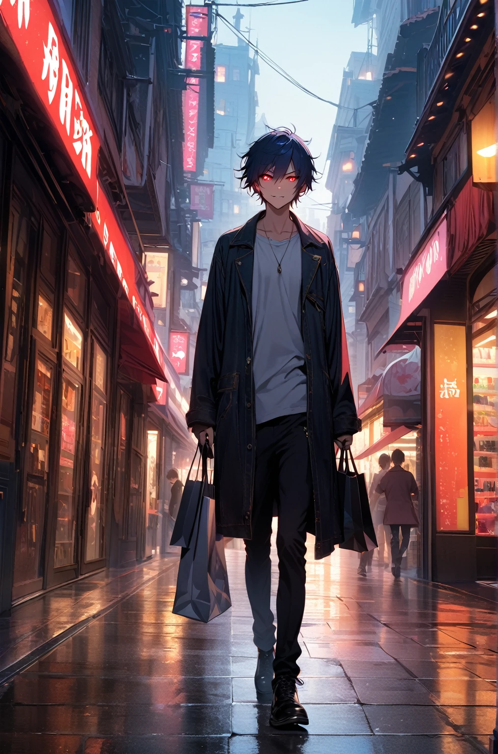 {{top-quality,masterpiece,8k wallpaper}},Ultra-detailed CG Unity,Particle,Cinematographic lighting,((1 teenager)),a handsome,a 20-year-old boy,slender,Looking at the camera,Looming,evil smile,Vicious face,close up of face,sharp gaze,((Glowing eyes,red eyes,pupils are small)),Dark blue hair,short-haired,hair messy,put your hair up,Vampire,double tooth,((shopping male)),full body,walking,tienda,