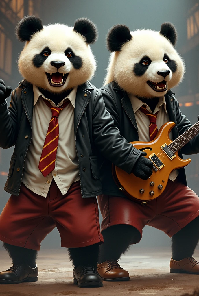 Help me with a picture of Angus and Malcom Young from the AC group/DC, but as if they were pandas. Angus&#39; clothes must be the school clothes he wore to his concerts..  I want your faces to be energetic and angry. The drawing style should be a little more realistic. 