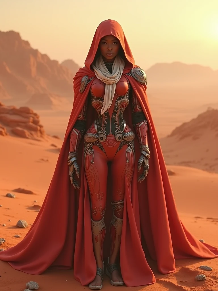 a man in a space suit standing in the desert, afrofuturism, 8k detail, wearing sci-fi cloak with hood, anfas portrait of a mech warrior, 8k octane render photo, retrofuturistic android, red desert mars, detailed armor with white scarf, shading unreal engine 5, cinematic lighting, volumetric fog, photorealistic, chiaroscuro, dramatic composition, intricate details, hyper realistic, hyper detailed, high contrast, depth of field, ambient occlusion, subsurface scattering, ray tracing, physically based rendering, advanced cinematic post-processing,(More detail, enhanced, poakl_afro)