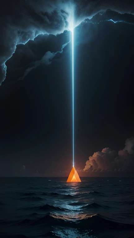 A glowing triangular area in the middle of the ocean, highlighted on a mysterious and dark world map. Dark clouds swirling over the location, giving a sense of mystery and danger.