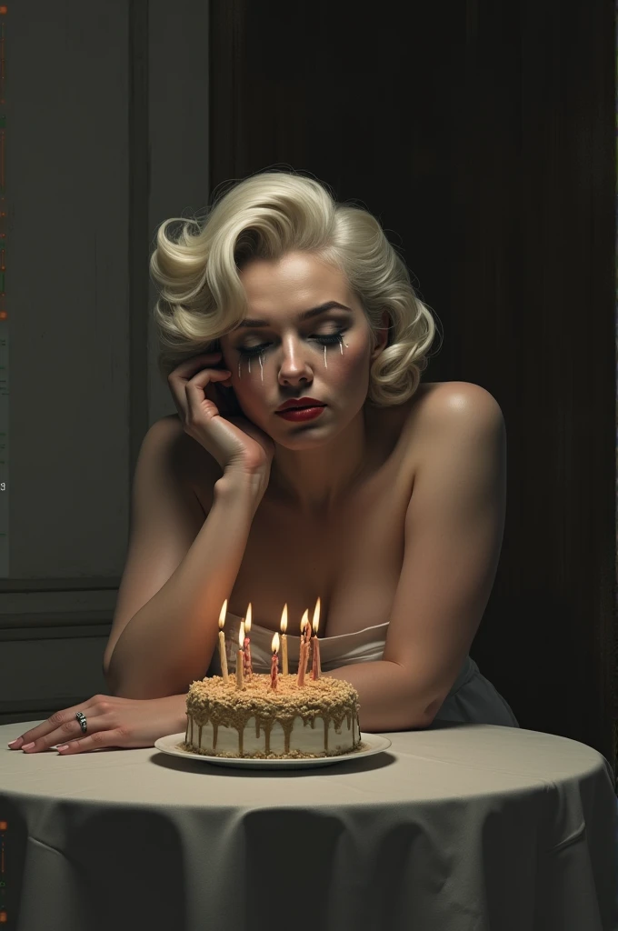 marilyn monroe sad in an empty room leaning on a table with a cake full of candles and tears running down her face