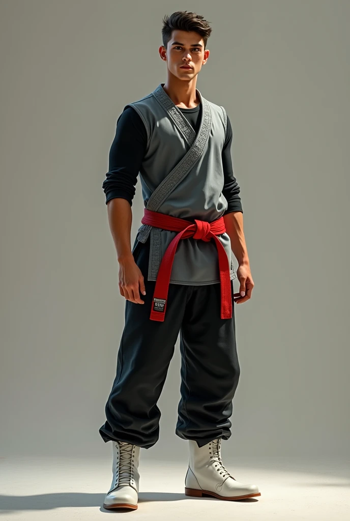 20 year old boy with pale white skin
European italiano features
Good body Wearing a tight black shirt Long sleeves , over it a grey karate suit sleeveless, and red belt, Black pants and white plain boots
Realistic