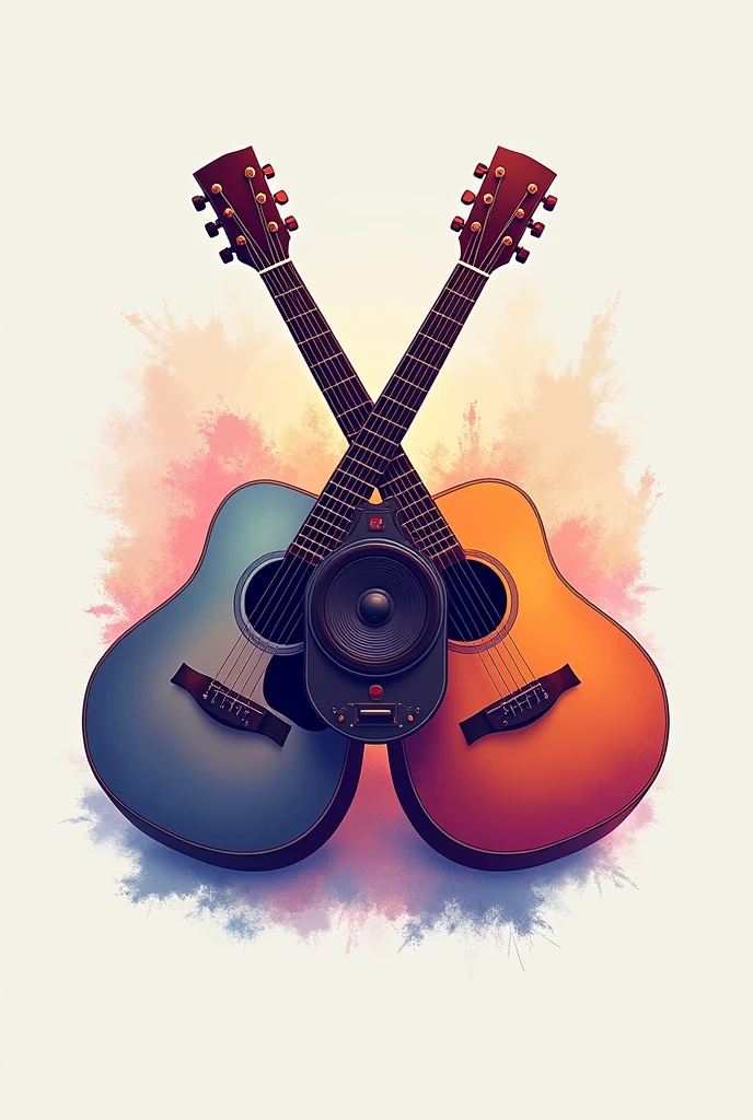 a logo for a Podcast channel depicting a stereo speaker in the center crossed by two acoustic guitars and the entire image using a color palette with 2 unique colors