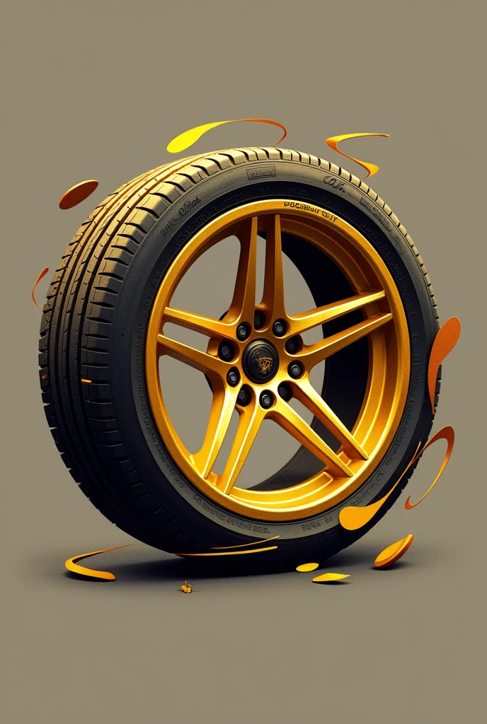 Create an image of a logo for a car accessories store where the logo is a golden tire and rims and with creative but simple effects without a background
