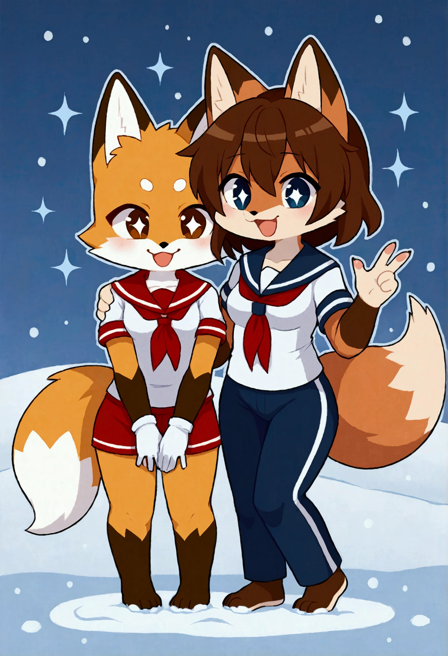 2girls, fox and tanuki, furry, bodyfur, tail, sailor suit, short sleeves, jersey pants, long pants, white gloves, barefoot, chibi, sparkling eyes, happy, full body, hand between legs, snow