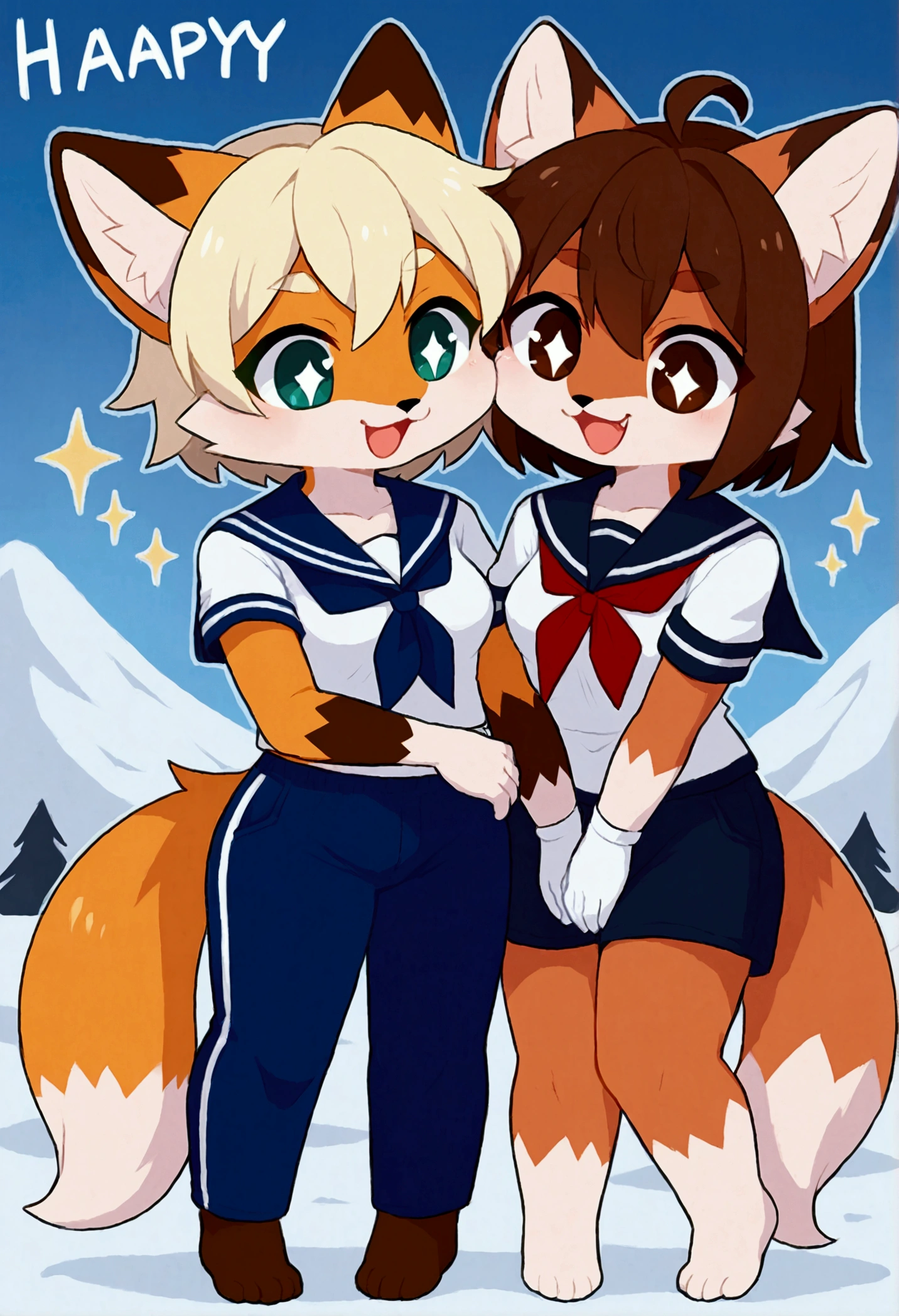 2girls, fox and tanuki, furry, bodyfur, tail, sailor suit, short sleeves, jersey pants, long pants, white gloves, barefoot, chibi, sparkling eyes, happy, full body, hand between legs, snow