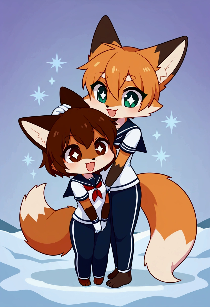 2girls, fox and tanuki, furry, bodyfur, tail, sailor suit, short sleeves, jersey pants, long pants, white gloves, barefoot, chibi, sparkling eyes, happy, full body, hand between legs, snow