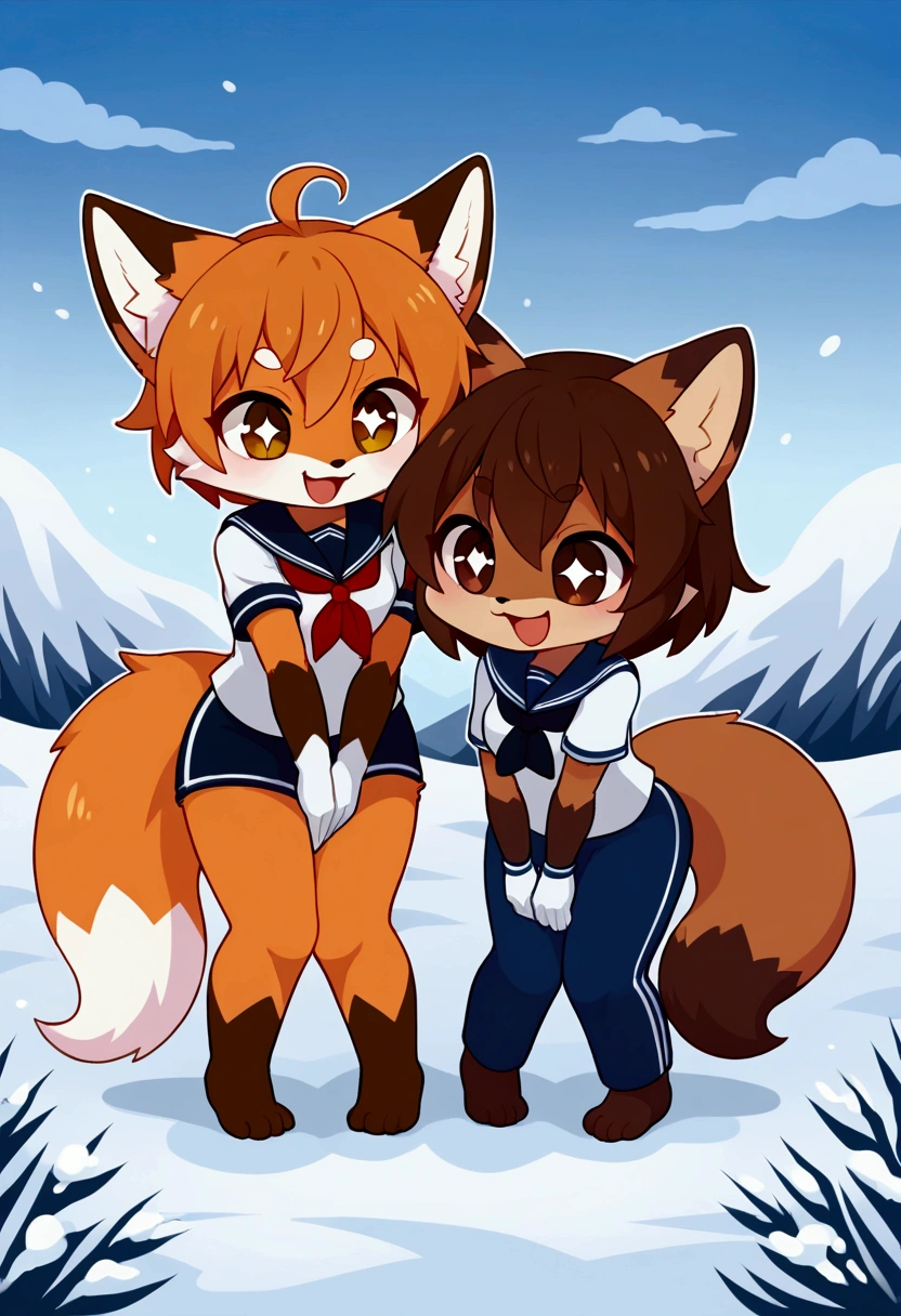 2girls, fox and tanuki, furry, bodyfur, tail, sailor suit, short sleeves, jersey pants, long pants, white gloves, barefoot, chibi, sparkling eyes, happy, full body, hand between legs, snow