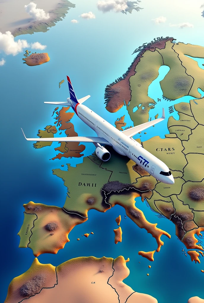 Detailed map of Europe with all capital cities over which a large Airbus A320 Neo flies