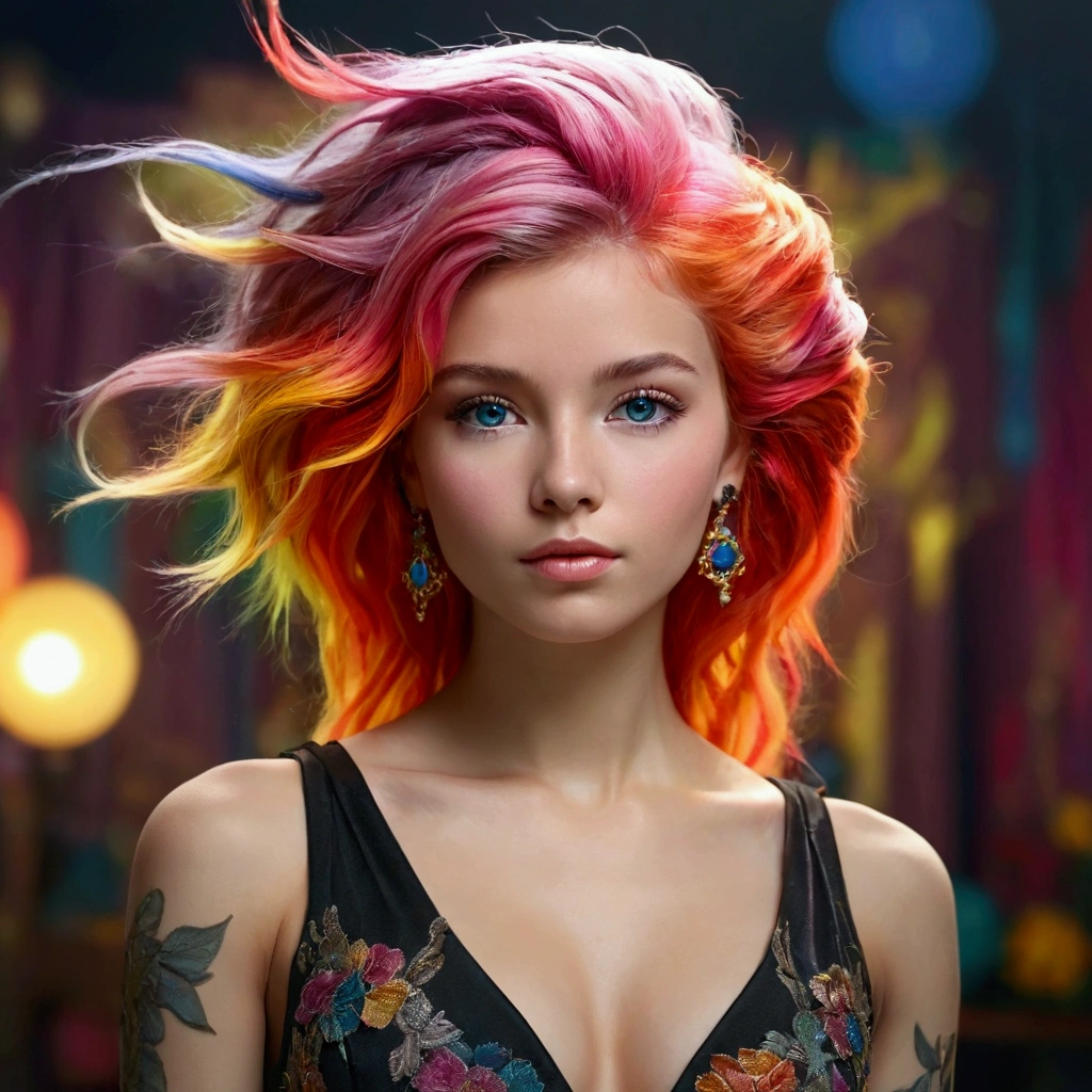 a beautiful woman with long, colorful hair, detailed face, detailed eyes, full lips, detailed facial features, delicate skin, elegant posture, complex elaborate hairstyle, colorful highlights in hair, intricate hair ornaments, decorative hair accessories, high fashion attire, complex elegant dress, detailed fabric textures, dramatic lighting, cinematic camera angle, photorealistic, 8k, hyper detailed, masterpiece, professional studio lighting, vivid colors, realistic