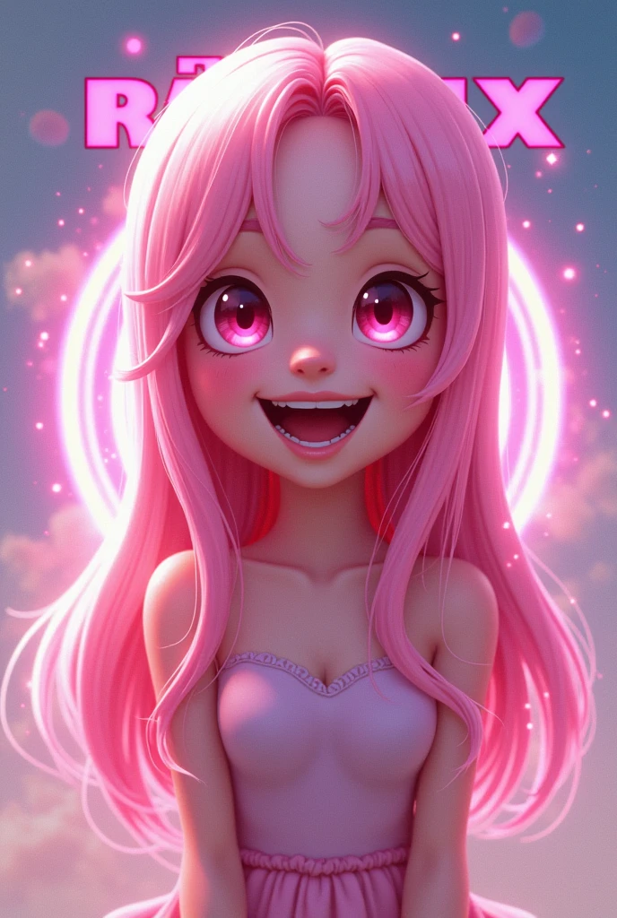 Roblox style poster of a girl with long pink hair, White skin, animated pink eyes, happy, what does Roblox say