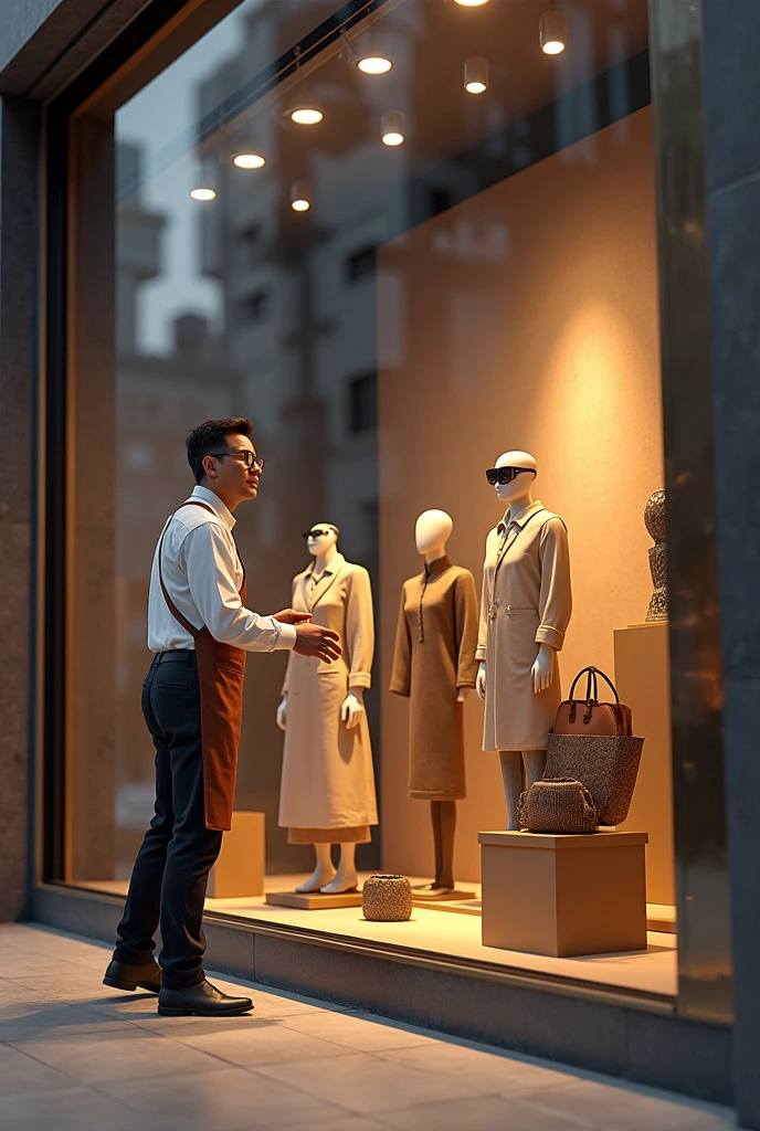 Vinny, the Window Dresser: A human character stylized as a window dresser, who is always arranging and highlighting the best products in the Mega Vitrine. He could wear an apron and glasses.