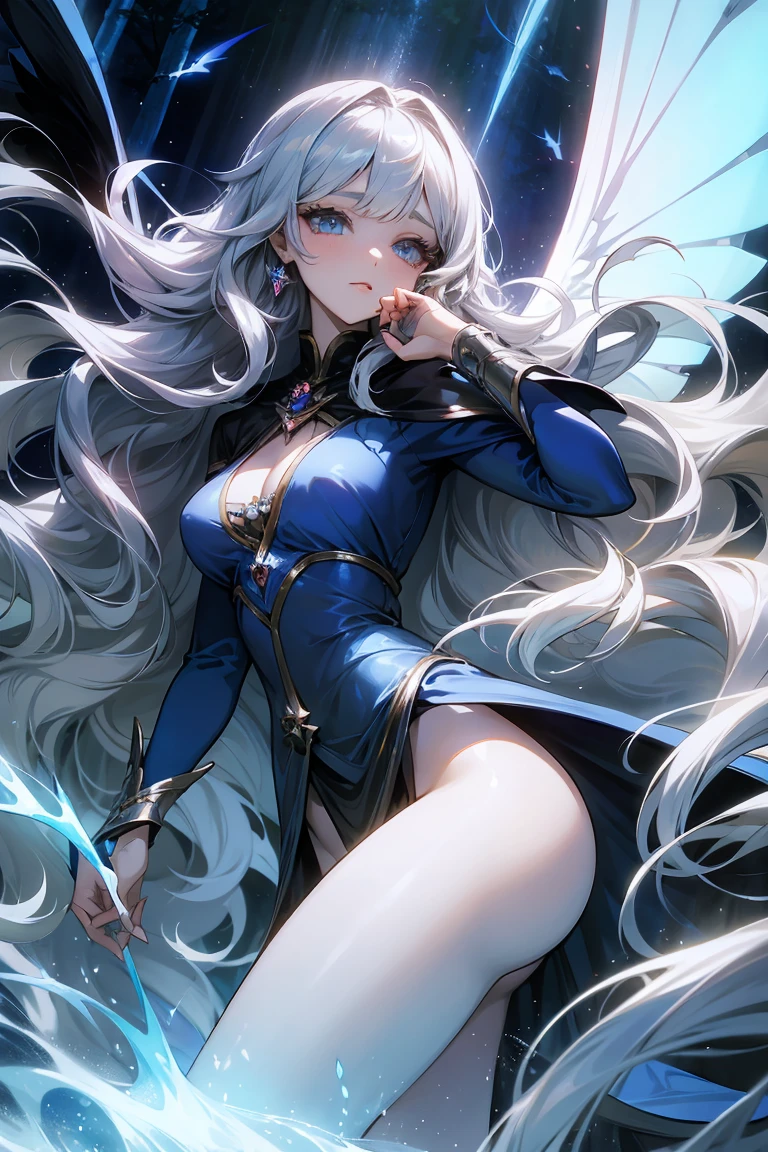 Dnd Woman, blue long hair, wavy, big beautiful silver eyes, Provocative clothing, A challenging woman, a fairy warrior, with shiny big wings, with a magical atmosphere In the forest