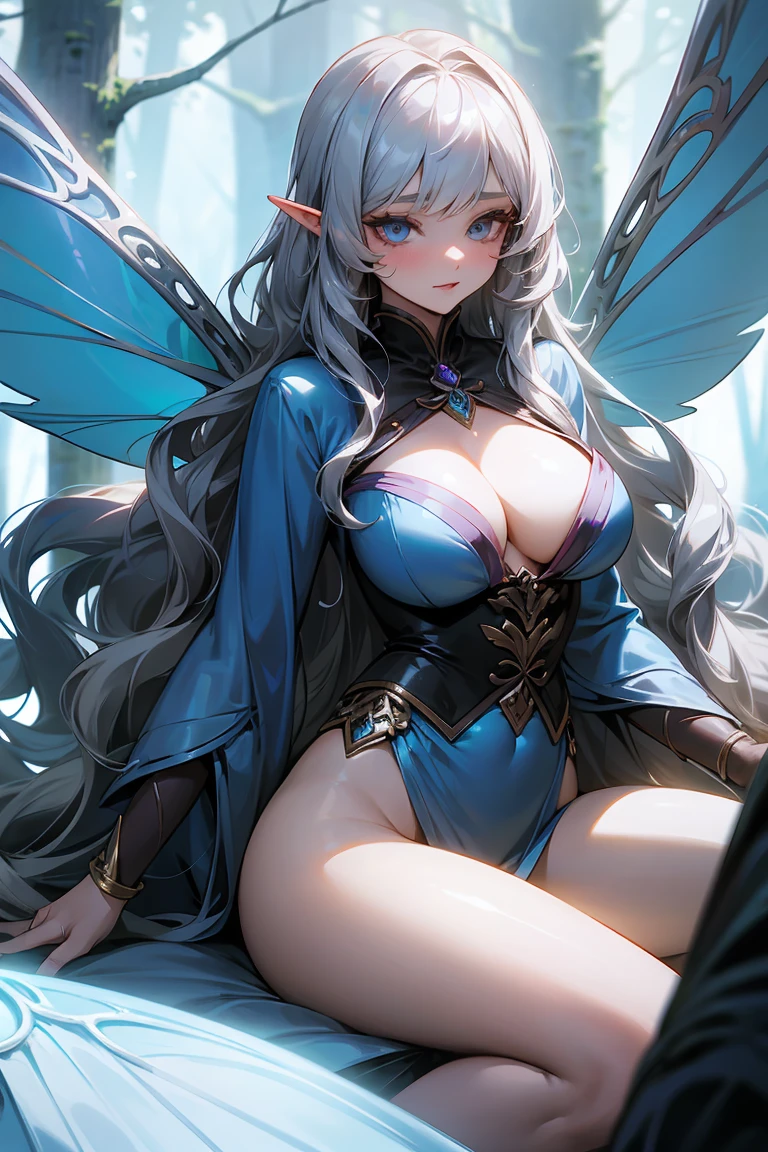 Dnd Woman, blue long hair, wavy, big beautiful silver eyes, Provocative clothing, A challenging woman, a fairy warrior, with shiny big wings, with a magical atmosphere In the forest