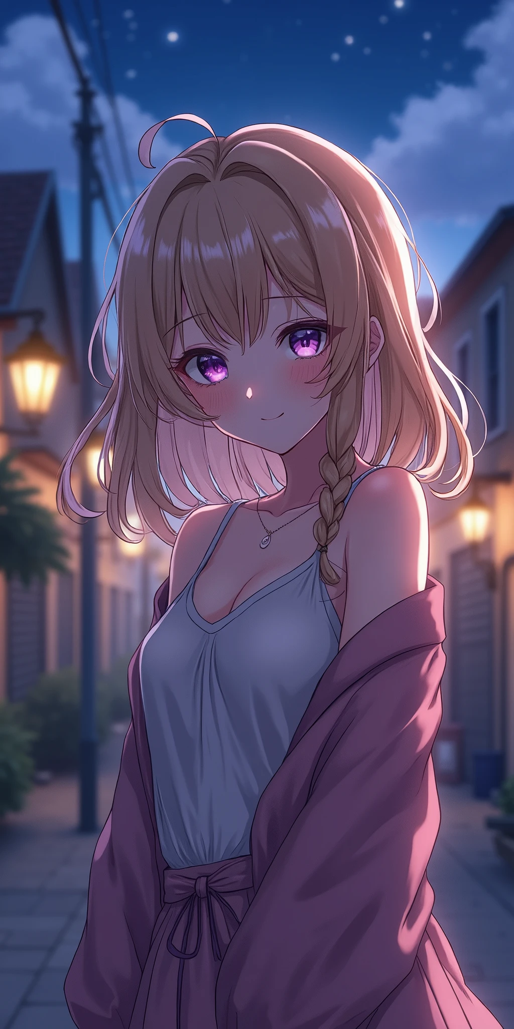 (best quality, ultra-detailed, photorealistic: 1.39), bright and vibrant colors, studio lighting, romantic expression, An effeminate girl, with a delicate and beautiful face. A woman with 1,70 tall, with blonder wavy hair and white highlights, purple eyes in manga style, fully body , on the street at night, houses and buildings, she is in love, anime style, Anime Hentai