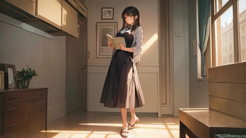A beautiful girl is standing on the right side of the picture (not big size) reads a book , warm toned drawing, let her stand closer and look towards the drawing, growth half the drawing
