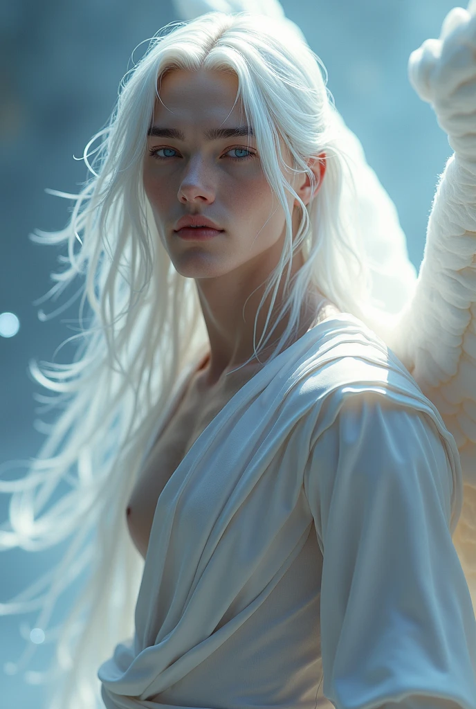 man who is 27 years, white race, masculine features, the most beautiful man, long white hair, hunting dark blue eyes, angel beauty, angel