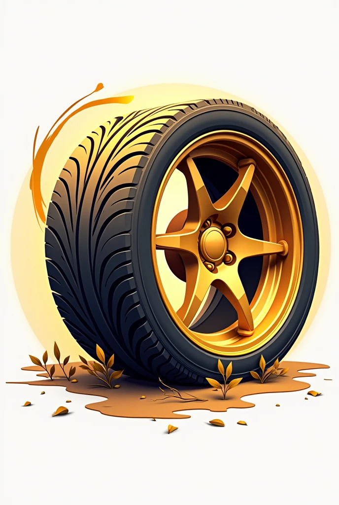 Create an image of a logo for a car accessories store where the logo is a golden tire and rims and with creative but simple effects without a background