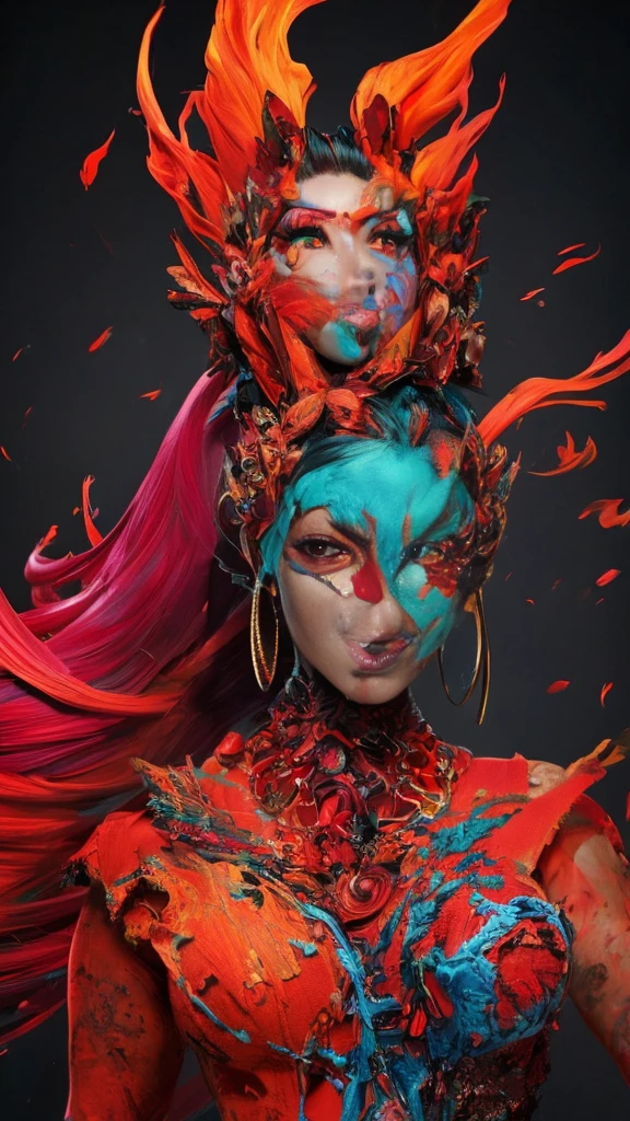 (fauvism art:1.2), (style of Alberto Seveso:1.4), woman with flaming body and a fierce expression, (hateful expression:1), sparking fire red eyes, hell, nobody can flee, dark lava theme, colorful, visually stunning, beautiful, gorgeous, emotional, intricate, perferct shading