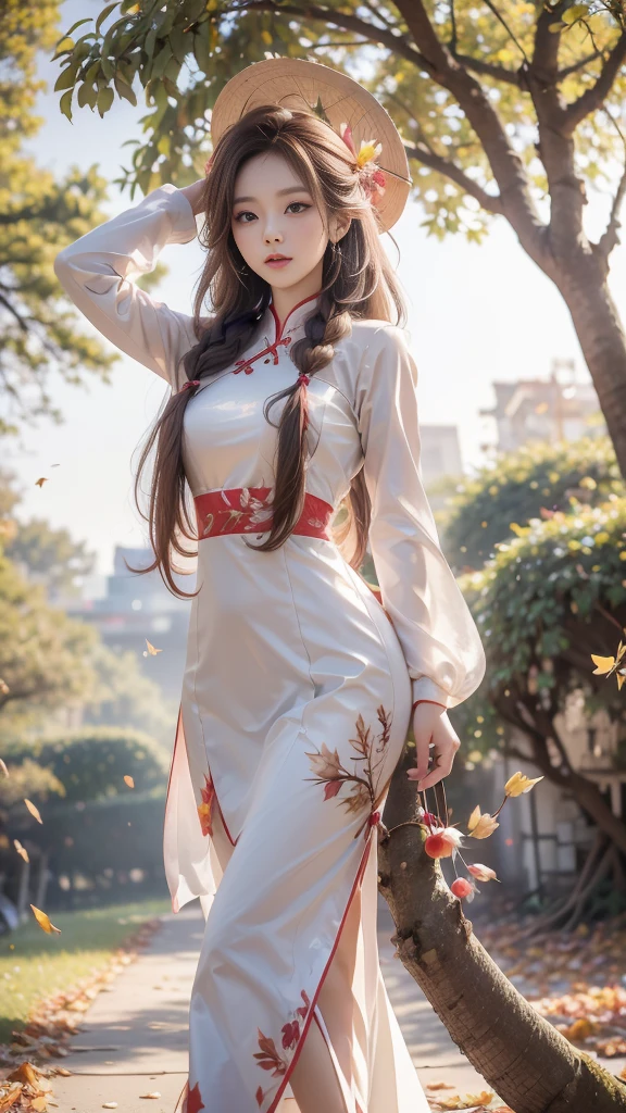 ulzzang-6500-v1.1, (RAW photo: 1.2), (Real photo), (Real photo: 1.4), 1 girl、Perfect anatomy、1、Looking at the camera、Medium length hair、side braid, Vietnamese ao dai, walking under a tree with many fallen leaves, in the sunset, ((under a tree with many fallen leaves: 1.1))、(Business service)、Asian eyes Ella,