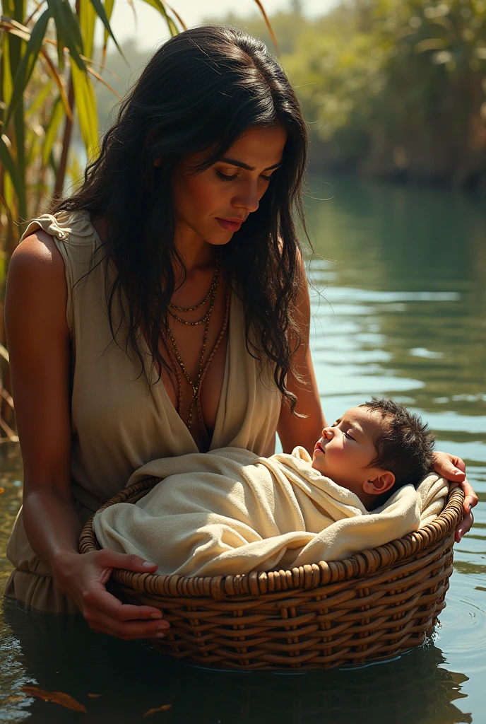 A mother placing her newborn son in a wooden basket and throwing him into the Nile River.