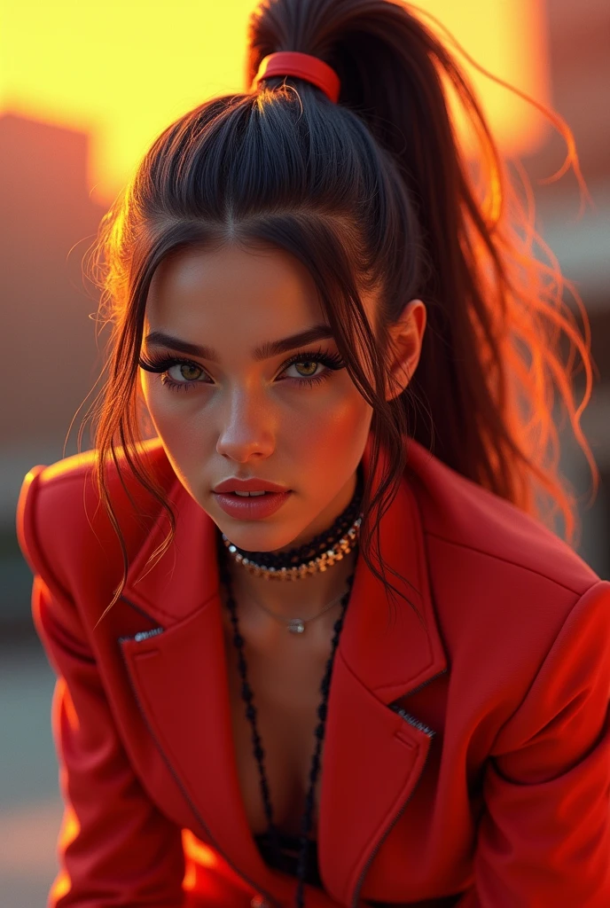 (Best Quality,4k,8k,High resolution,masterpiece:1.2),ultra detailed,(realist,photorealist,fotorrealista:1.37),1 girl,hip-hop style suit,High ponytail,incredibly long hair,cowgirl pose,looking at the viewer,Leaning forward,by Santiago Caruso,by Mike Azevedo,detailed eyes,detailed lips,extremely detailed face,long eyelashes,dynamic pose,striking,vibrant colors,warm lighting.