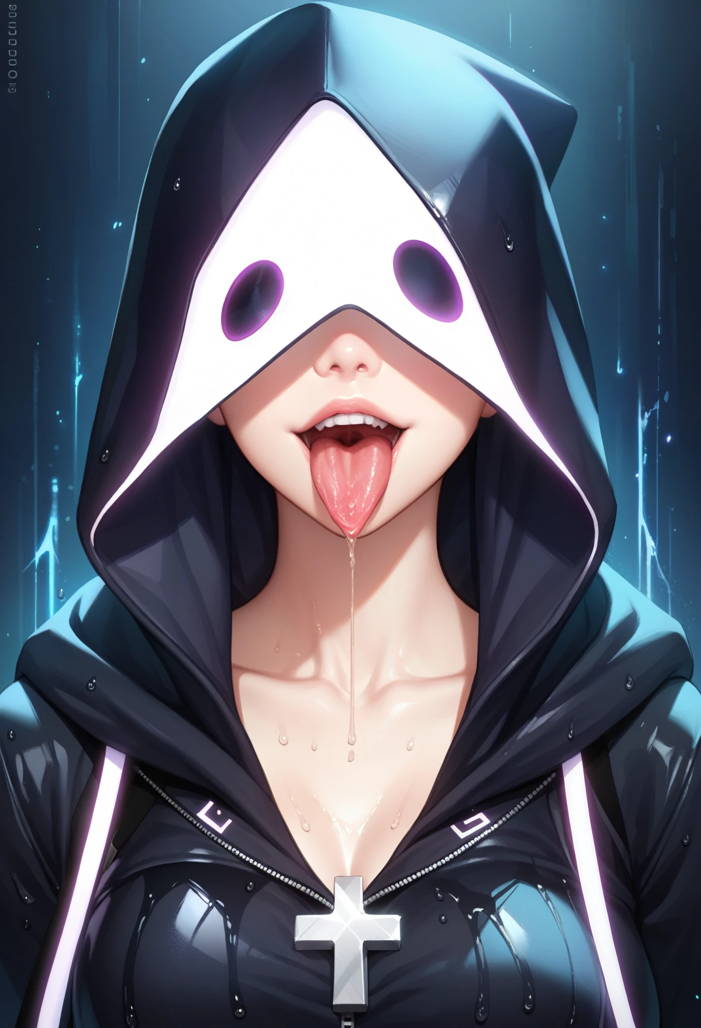 Close-up portrait of a young woman with a rebellious and defiant expression. His face is in the foreground, softly and dimly lit, highlighting her light skin. He wears a black hood that covers most of his head., leaving only his mouth and tongue visible. About the hood, A white cross stands out at the top, contrasting with the dark fabric. the woman has her mouth open, showing a wide, provocative smile while sticking her tongue out, creating a bold and defiant effect. The light is subtle, with soft shadows that add a dramatic touch to the face and hood. The style is hyperrealistic, capturing the details of the fabric texture, Shiny teeth and wet tongue,The hood covers his eyes and nose,only the mouth visible