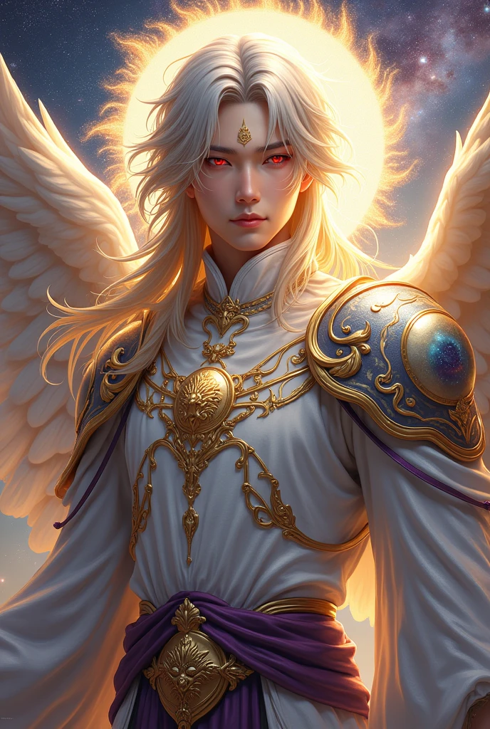 Handsome cold young xianxia protagonist,guy,man,long golden with silver strand hair, Crimson red and golden eyes combination ,and long golden with silver undertone,and the golden rune motiv scratched on his forehead,use armour featuring like God of angel,angel king, with white and golden dominant color,pauldron protective shape like dragon head,breastplate featuring like azure dragon head,breastplate detailed azure dragon head shape,shoulder protective dragon shape like head red and blue,sun and moon and nebulae circling at the background,nebula destruction detail,the tassel of the armour like river of galaxy, combination of white and golden dominant color,purple dominant color, golden dominant color armour,with majestic purple line ,held sword of Raphael angel,sword wielder, And majestic gold wings at back,arch angle wings at back,terrifying aura around,24K ultra hd,face and eyes detail,lips and face detail,masterpiece ,better quality