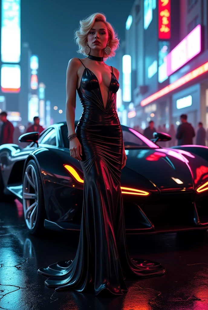 Arafed a picture of a cyberpunk female angel standing in at the street at night near her sports car, night , an  exquisite beautiful cyberpunk female angel  wearing dark dress, wearing ((intricate glamour evening dress: 1.5)), small cleavage, wearing intricate diamond necklace,  wearing high heeled bots,   dynamic eye color, dynamic hair color, dynamic hair style,  standing near her (sports car: 1.3), cyberpunk street t background, full body shot, (Masterpiece: 1.5), Vibrant, Ultra-high resolution, High Contrast, masterpiece:1.2, highest quality, Best aesthetics), best details, best quality, highres, ultra wide angle, 16k, [ultra detailed], masterpiece, best quality, (extremely detailed), Mechanical Creatures
