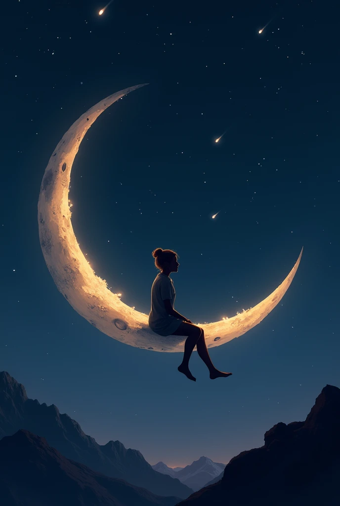 A nonbinary person sitting in a small moon enjoying the night
