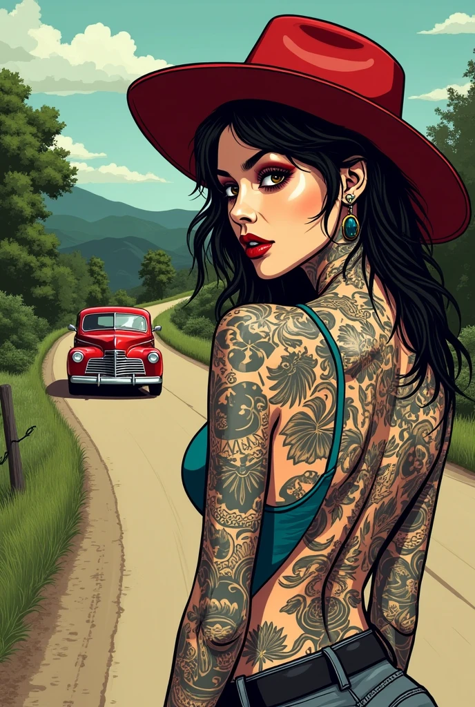 Illustrate a woman with many tattoos and a red hat, She is picked up by a car on the road