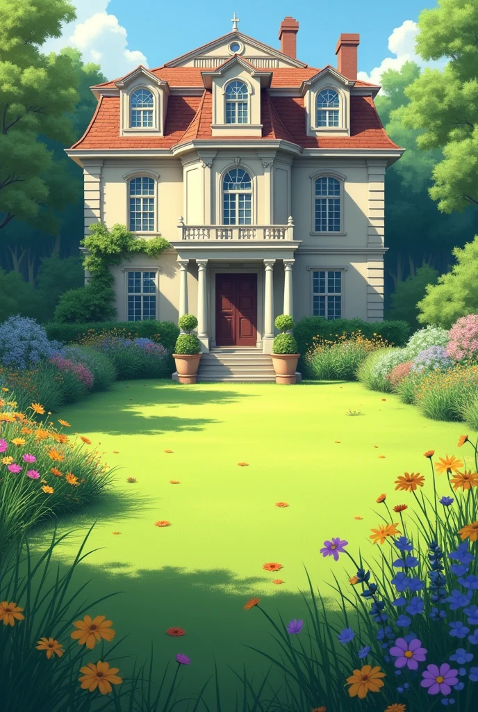 lawn with few flowers and wall of house with windows high up and flowers in the planter