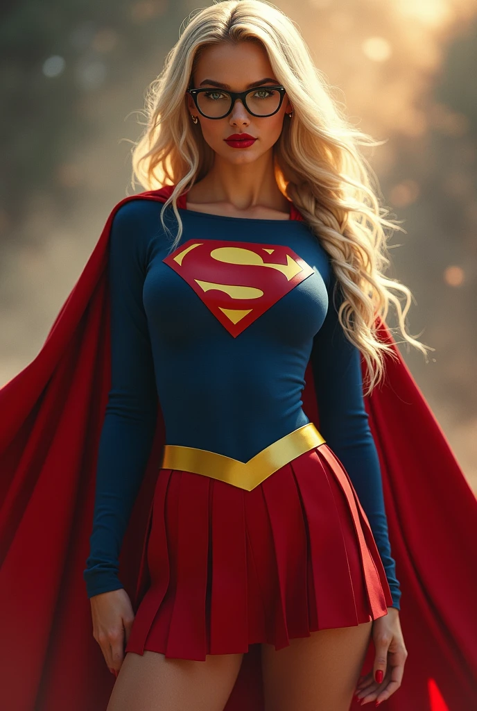 A SEXY AND BUSTY FEMALE WITH BLONDE BRAIDED HAIR AND GLASSES WEARING A SPANDEX 1984 BLUE SUPERGIRL COSTUME COMEPLETE WITH A LONG READ PLEATED SKIRT WITH A YELLOW SUPERGIRL BELT, A PAIR OF RED HEELED BOOTS WITH YELLOW TRIM, AND A LONG FLOWING RED CAPE WITH THE GOLD "S" EMBLEM. RED LIPSTICK, RED FINGERNAILS. INCREDIBLY DETAILED GLOWING SKIN, INCREDIBLEY DETAILED FACE, INCREDIDBLEY DETAILED CLOTHING, TEXTURED SKIN PORES, TEXTURED HAIR, 8K ABSURD RESOLUTION, MASTERPIECE. PHOTO REALSITIC, HYPER REALISTIC. MYSTICAL BACKGROUND. 16K RESOLUTION. PREFESSIONAL GRADE IMAGE.