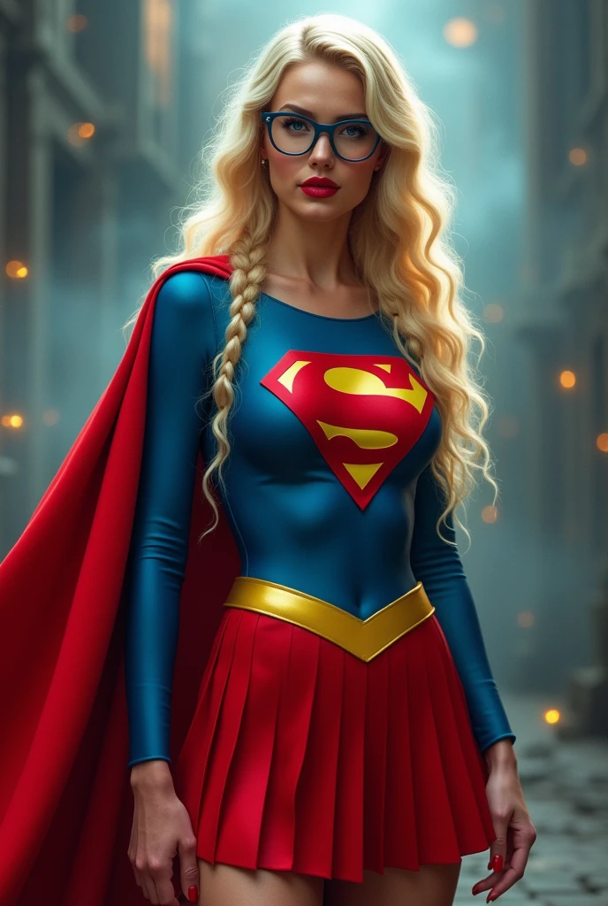 A SEXY AND BUSTY FEMALE WITH BLONDE BRAIDED HAIR AND GLASSES WEARING A SPANDEX 1984 BLUE SUPERGIRL COSTUME COMEPLETE WITH A LONG READ PLEATED SKIRT WITH A YELLOW SUPERGIRL BELT, A PAIR OF RED HEELED BOOTS WITH YELLOW TRIM, AND A LONG FLOWING RED CAPE WITH THE GOLD "S" EMBLEM. RED LIPSTICK, RED FINGERNAILS. INCREDIBLY DETAILED GLOWING SKIN, INCREDIBLEY DETAILED FACE, INCREDIDBLEY DETAILED CLOTHING, TEXTURED SKIN PORES, TEXTURED HAIR, 8K ABSURD RESOLUTION, MASTERPIECE. PHOTO REALSITIC, HYPER REALISTIC. MYSTICAL BACKGROUND. 16K RESOLUTION. PREFESSIONAL GRADE IMAGE.