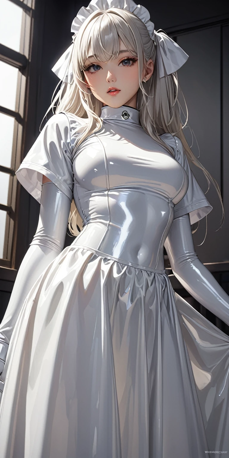 Portraiture、(masterpiece,Highest quality,Ultra-high resolution),Japanese women, (((A very beautiful 25 year old))),(White latex maid outfit)、(White latex long skirt)、(A long-sleeved white latex shirt covering the upper body)、White latex long gloves、White latex socks、Latex bodysuit、The clothes fit snugly to the body、Latex is very shiny、Dark Room、