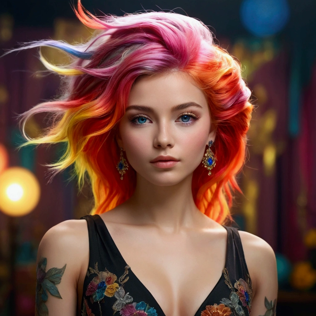 a beautiful woman with long, colorful hair, detailed face, detailed eyes, full lips, detailed facial features, delicate skin, elegant posture, complex elaborate hairstyle, colorful highlights in hair, intricate hair ornaments, decorative hair accessories, high fashion attire, complex elegant dress, detailed fabric textures, dramatic lighting, cinematic camera angle, photorealistic, 8k, hyper detailed, masterpiece, professional studio lighting, vivid colors, realistic